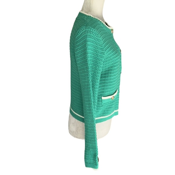 Nicole Miller Green & White Gold Crest Button Cropped Knit Cardigan - S - Picture 4 of 11